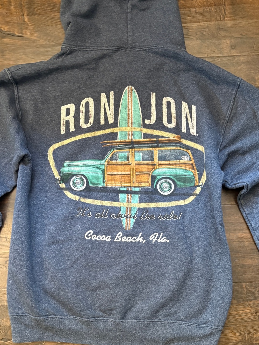 Ron Jon Sweatshirt SIZE SMALL Cocoa Beach Navy Aqua Surf Woody Station Wagon
